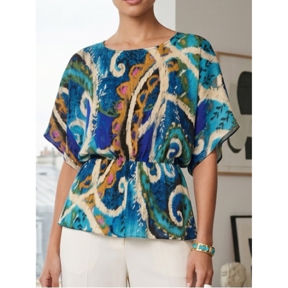 Serengeti Blue Abstract Paisley Dolman Sleeve Elastic Waist Blouse Large